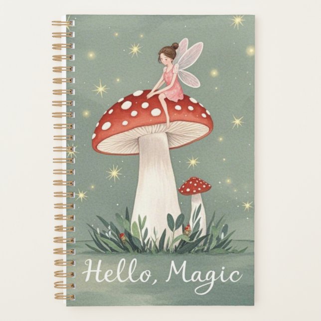 Tiny fairy perched on top of mushroom and glowing  planner (Front)