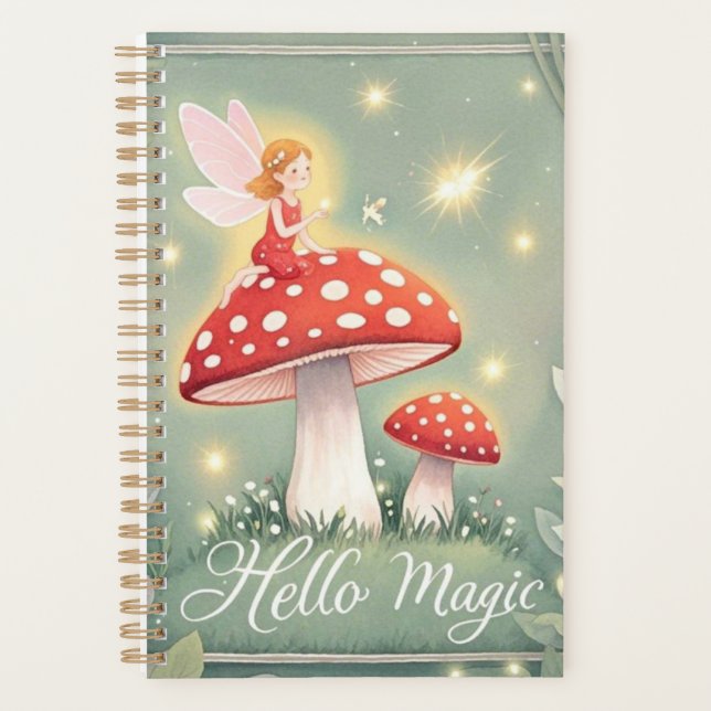 Tiny fairy perched on top of mushroom and glowing  planner (Front)
