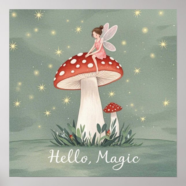 Tiny fairy perched on top of mushroom and glowing  poster (Front)