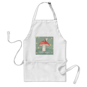 Tiny fairy perched on top of mushroom and glowing standard apron