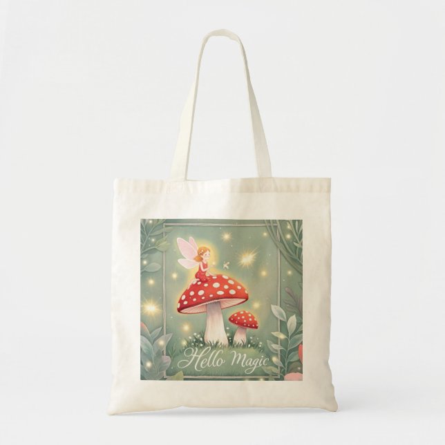 Tiny fairy perched on top of mushroom and glowing  tote bag (Front)
