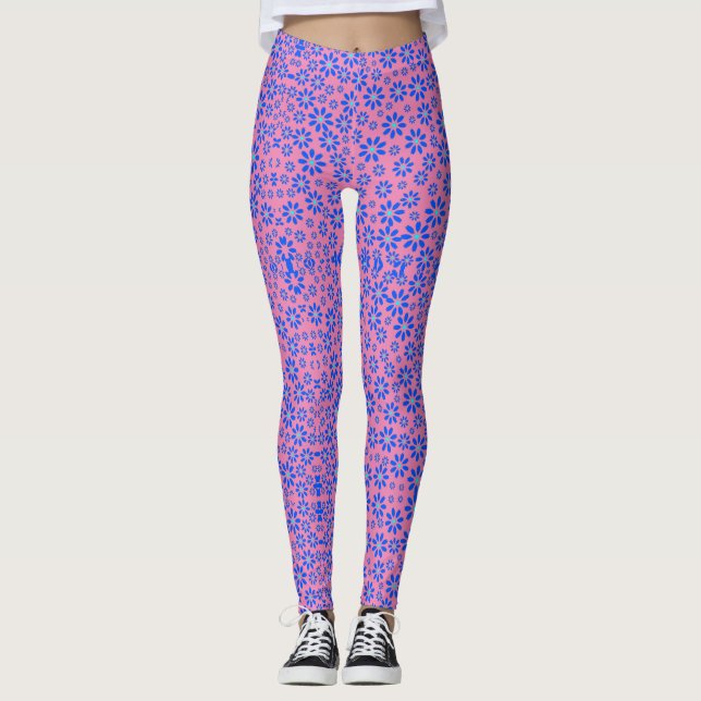 Tiny Flowers Pattern.Blue 01.b Pink BG Leggings (Front)