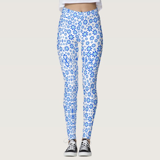 Tiny Flowers Pattern.Blue 01.b White BG Leggings (Front)