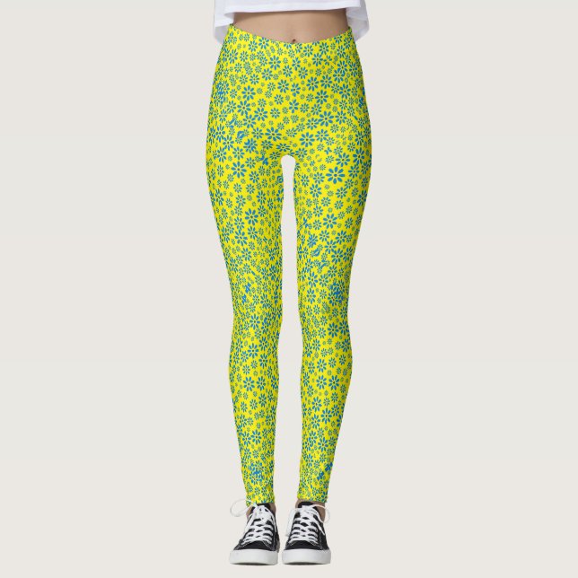 Tiny Flowers Pattern.Blue 02.b Byellow BG Leggings (Front)