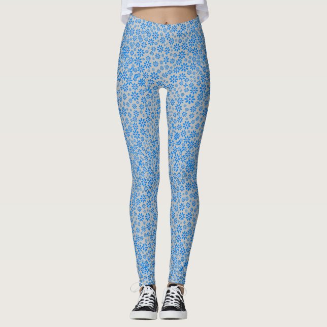 Tiny Flowers Pattern.Blue 02.b LGrey BG Leggings (Front)