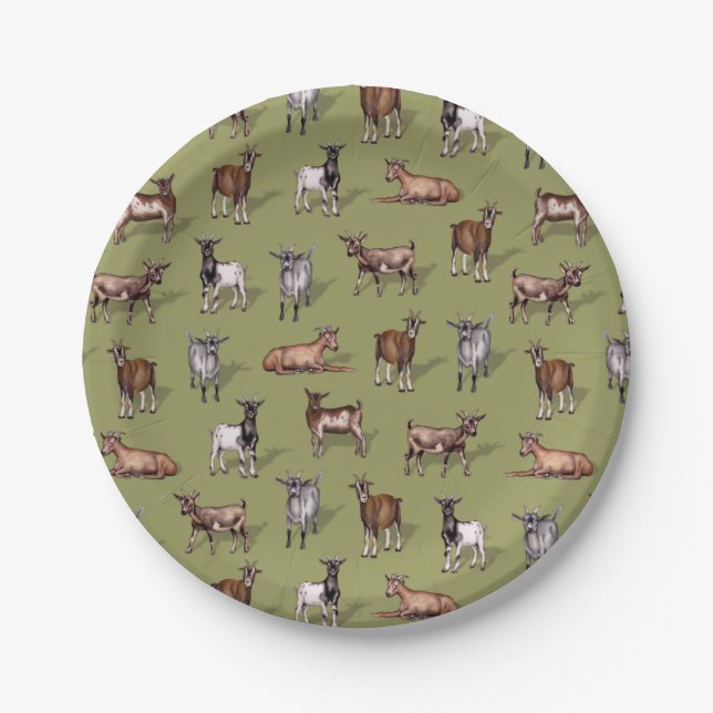 Tiny Goats on Green - Goat Herd Pattern Paper Plate (Front)