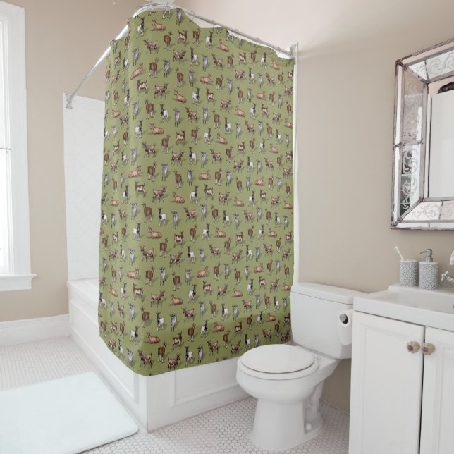Tiny Goats on Green - Goat Herd Pattern Shower Curtain (In Situ)