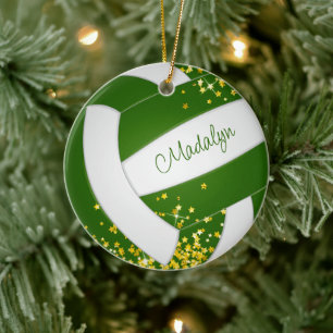 tiny gold stars green volleyball player keepsake  ceramic tree decoration