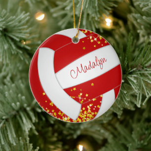 tiny gold stars red volleyball commemorative year ceramic tree decoration