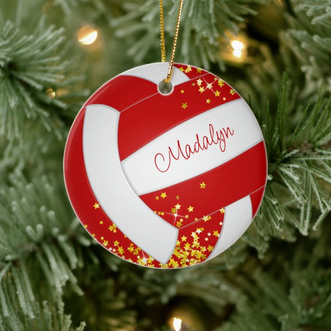 tiny gold stars red volleyball commemorative year ceramic tree decoration (Tree)