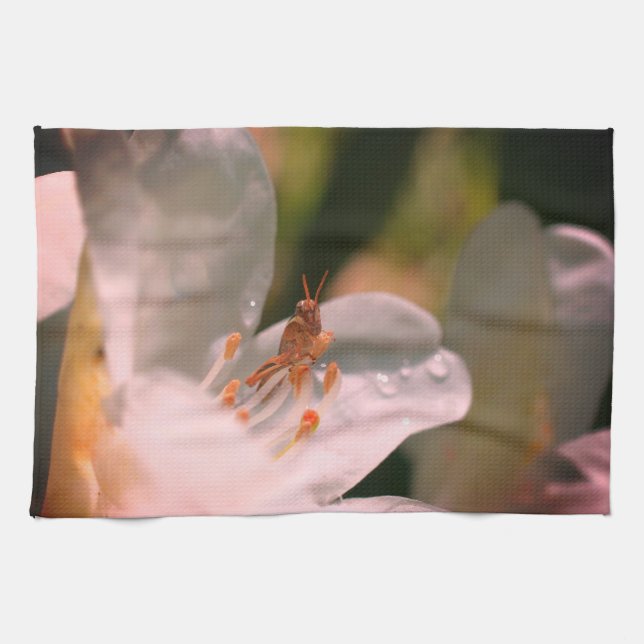 Tiny Grasshopper On White Azalea Flower  Tea Towel (Horizontal)