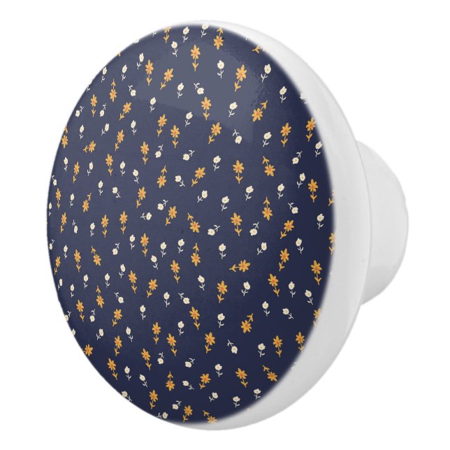 Tiny hand-drawn flowers on navy background ceramic knob (Right)
