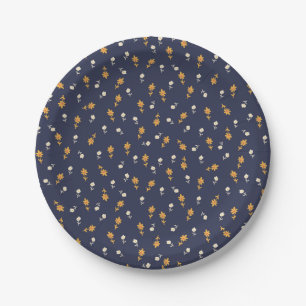 Tiny Hand-drawn Flowers on Navy Background Paper Plate