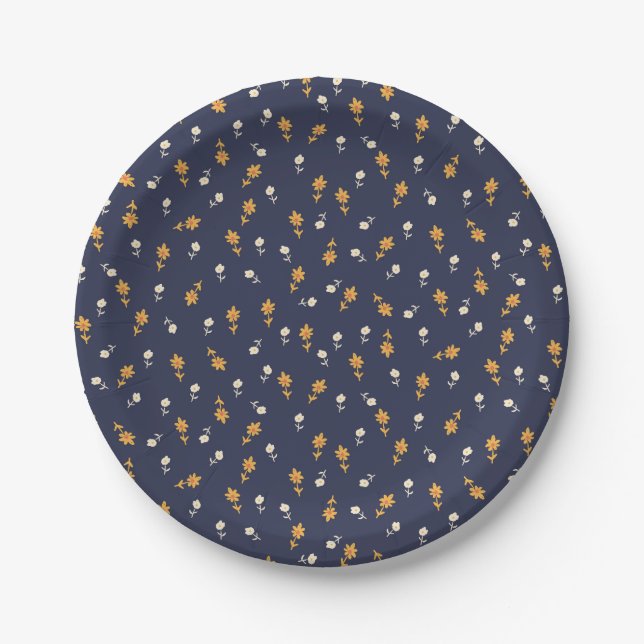 Tiny Hand-drawn Flowers on Navy Background Paper Plate (Front)