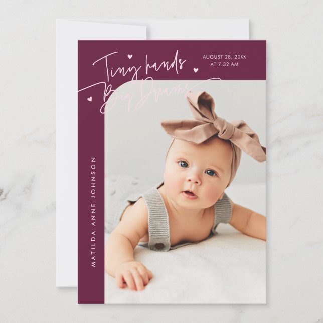 Tiny Hands Big Dreams Script Cranberry Photo Birth Announcement (Front)