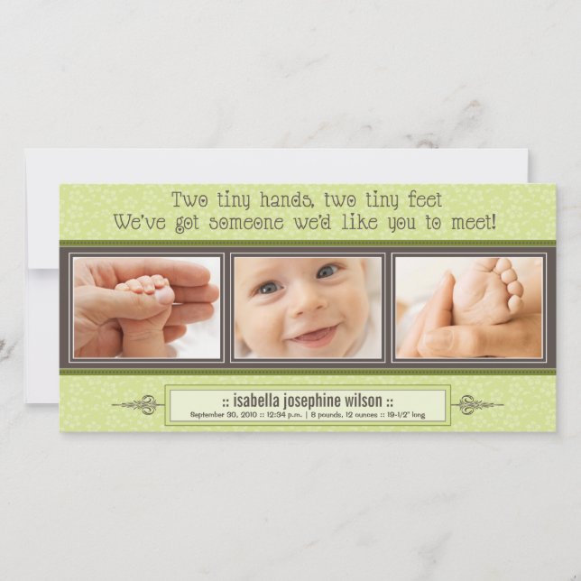 Tiny Hands, Tiny Feet Birth Announcement (lime) (Front)