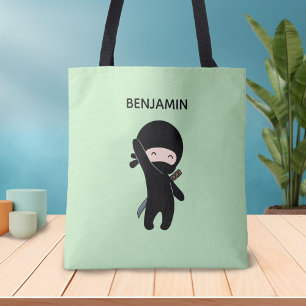 Tiny Happy Ninja Custom Name on Green Tote Bag