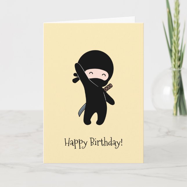 Tiny Happy Ninja on Yellow Birthday Card (Front)