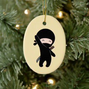 Tiny Happy Ninja on Yellow Ceramic Tree Decoration