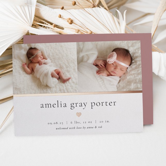 Tiny Heart | Two Photo Foil Birth Announcement (Creator Uploaded)