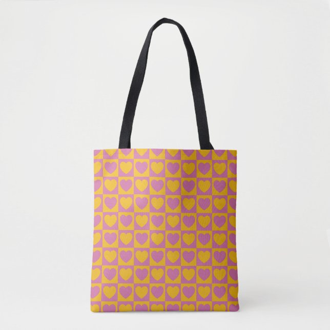 Tiny hearts chess grid seamless pattern. Cute litt Tote Bag (Front)