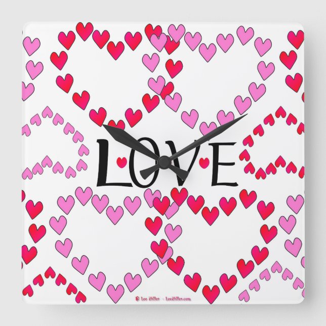 Tiny Hearts Pink Red LOVE Square Wall Clock (Front)