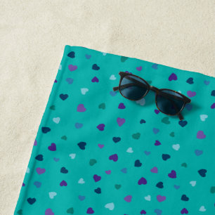 Tiny Hearts, Purple, Teal, Blue on Turquoise Beach Towel