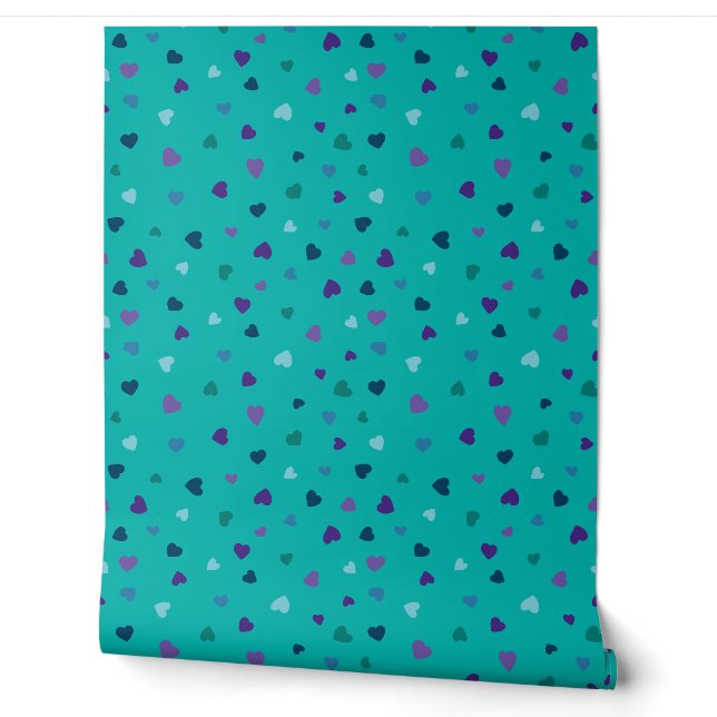 Tiny Hearts, Purple, Teal, Blue on Turquoise Wallpaper (Unrolling)