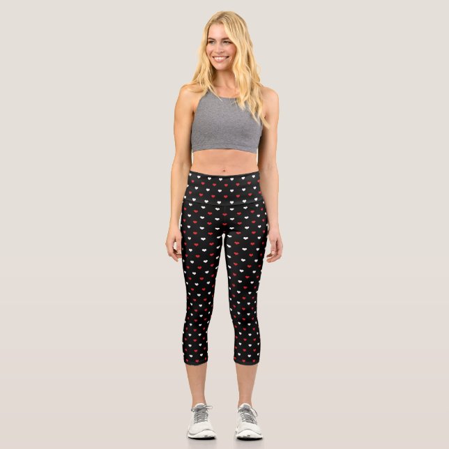 Tiny Hearts Red and White Black Background Pattern Capri Leggings (Front)