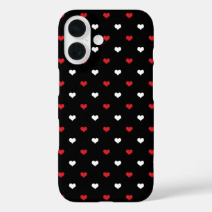 Tiny Hearts Red and White Black Background Pattern iPhone 16 Case