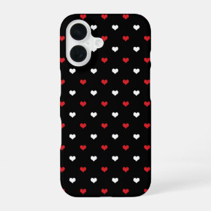 Tiny Hearts Red and White Black Background Pattern iPhone 16 Case