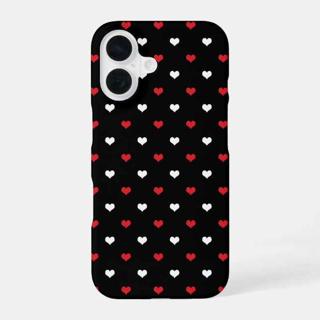 Tiny Hearts Red and White Black Background Pattern iPhone 16 Case (Back)