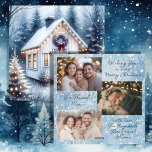 Tiny Home and Precious Family Photos Christmas Holiday Card<br><div class="desc">Personalised Christmas card. Pretty white tiny home decorated in Christmas lights,  a wreath and surrounded by a magical forest enchanted winter wonderland. Add your holiday greeting and family photos in the personalise area. Blue and white snowflake background.</div>