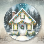 Tiny Home Christmas Classic Round Sticker<br><div class="desc">Christmas stickers. Cute little white festive tiny home in the winter forest.</div>