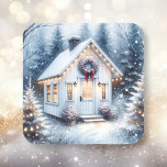 Tiny Home in a Magical Winter Forest Christmas Square Sticker<br><div class="desc">Christmas stickers.  Pretty white tiny home decorated in Christmas lights,  a wreath and surrounded by a magical forest enchanted winter wonderland.</div>