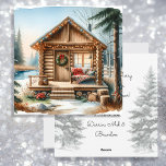 Tiny Home Log Cabin in the Winter Woods Christmas Holiday Card<br><div class="desc">Personalised Christmas card. Cute little tiny festive home log cabin with a snowy forest background.</div>