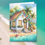 Tiny Home on the Beach Festive Christmas<br><div class="desc">Personalised Christmas card. Cute little white festive tiny house on a beach with pretty festive Christmas decorations like wreaths,  garland and Christmas lights on palm trees. On the inside of the card you can add your own custom holiday message.</div>