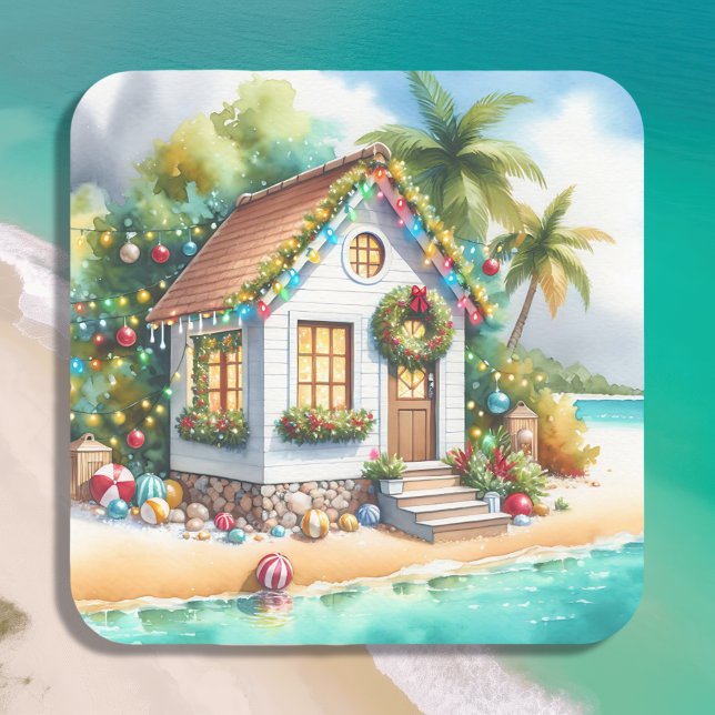 Tiny Home on the Beach Festive Christmas Square Sticker (Creator Uploaded)