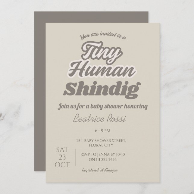 Tiny Human Shindig Neutral Co-Ed Baby Shower Invitation (Front/Back)