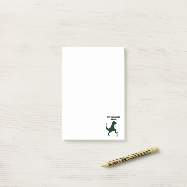 Tiny Humans Go Squish Funny Dinosaur Cartoon Post-it Notes (On Desk)