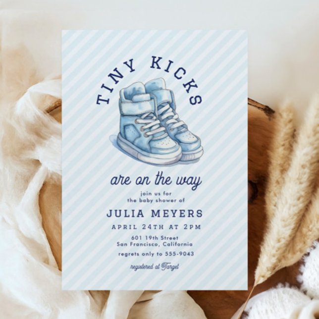 Tiny Kicks Sneakers Sports Blue Baby Shower Invitation (Creator Uploaded)
