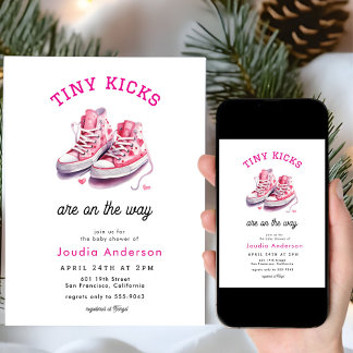 Tiny Kicks Sneakers Sports Pink Baby Shower Invitation