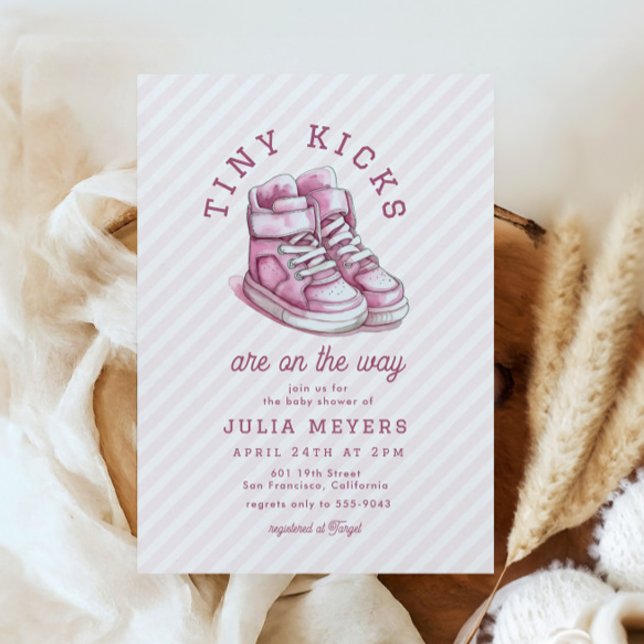 Tiny Kicks Sneakers Sports Pink Baby Shower Invitation (Creator Uploaded)
