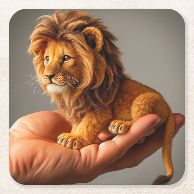 Tiny Lion Square Paper Coaster (Front)