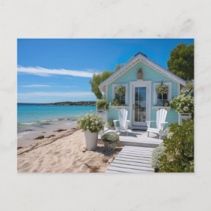 tiny mint colored wooden beach house at the beach  postcard