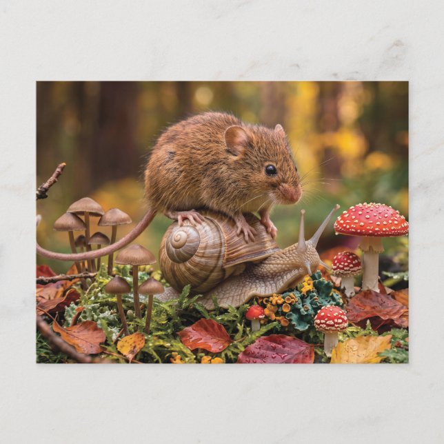 Tiny Mouse Riding Snail in Autumn Forest  Holiday Postcard (Front)