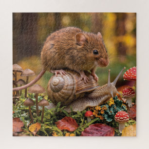 Tiny Mouse Riding Snail in Autumn Forest Jigsaw Puzzle