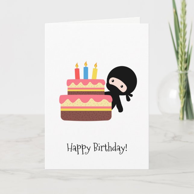 Tiny Ninja Behind Birthday Cake Card (Front)
