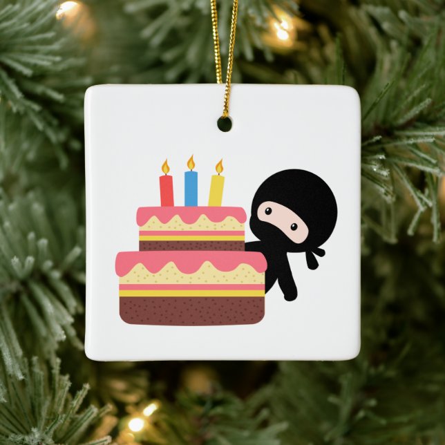 Tiny Ninja Behind Birthday Cake Ceramic Ornament (Tree)