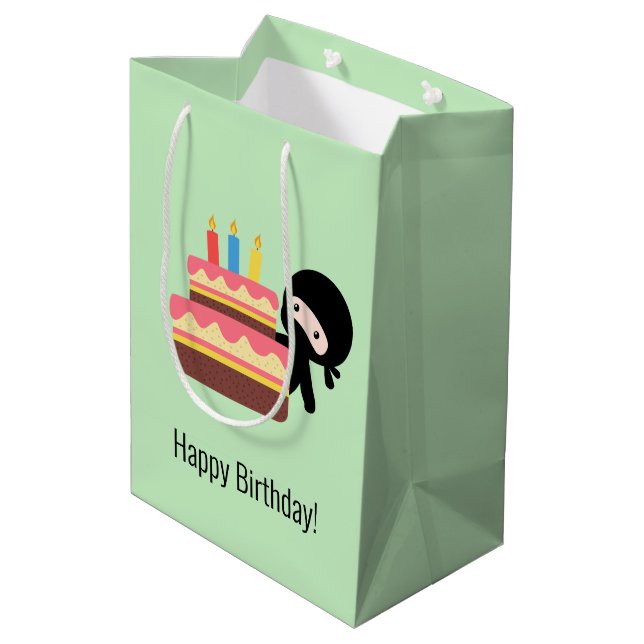Tiny Ninja Behind Birthday Cake Green Medium Gift Bag (Back Angled)